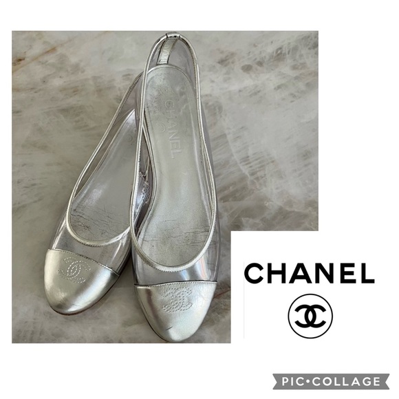 CHANEL Shoes - CHANEL Silver Leather Slingback Flats